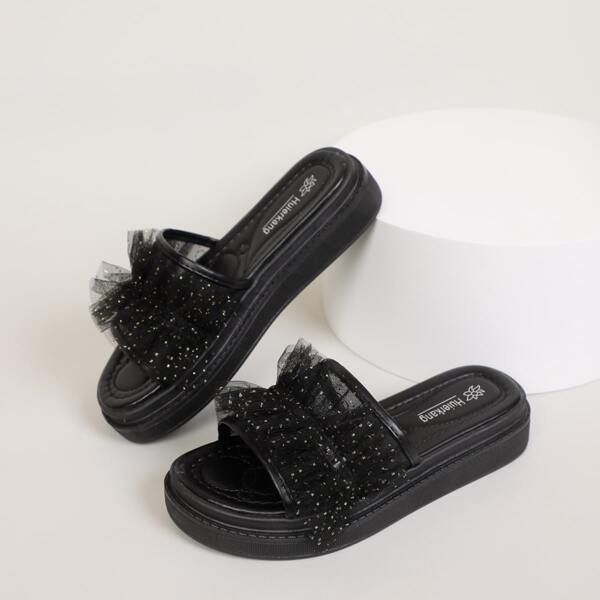 Mesh Ruffle Slide Sandals, Black