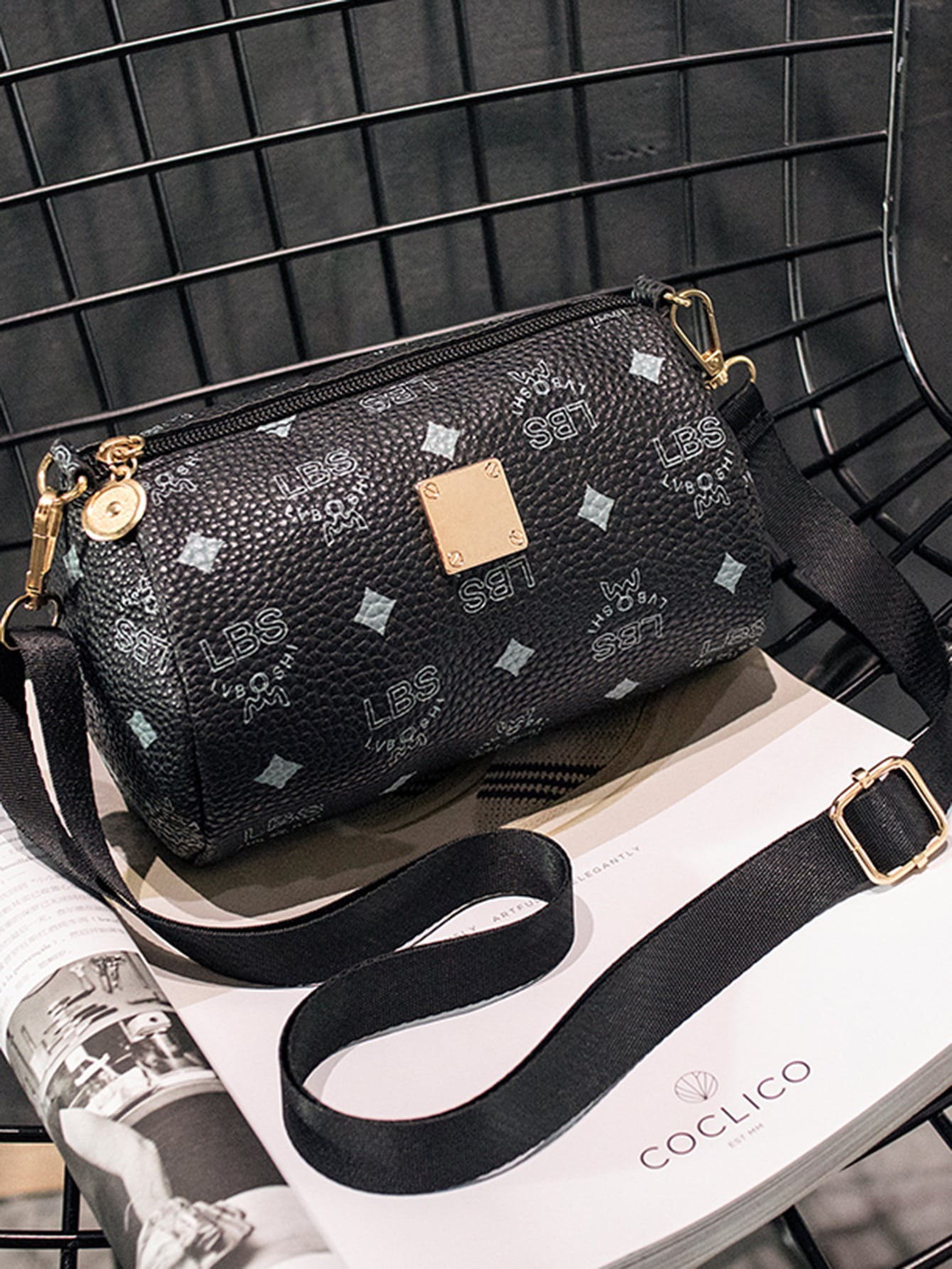 Metal Decor Letter Graphic Crossbody Bag