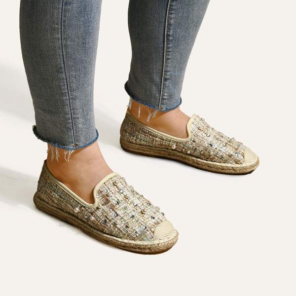 Faux Pearl Decor Espadrille Flats, Beige