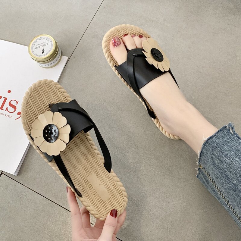 Floral Applique Toe Post Slide Sandals, Black 
Floral Applique Toe Post Slide Sandals, Black