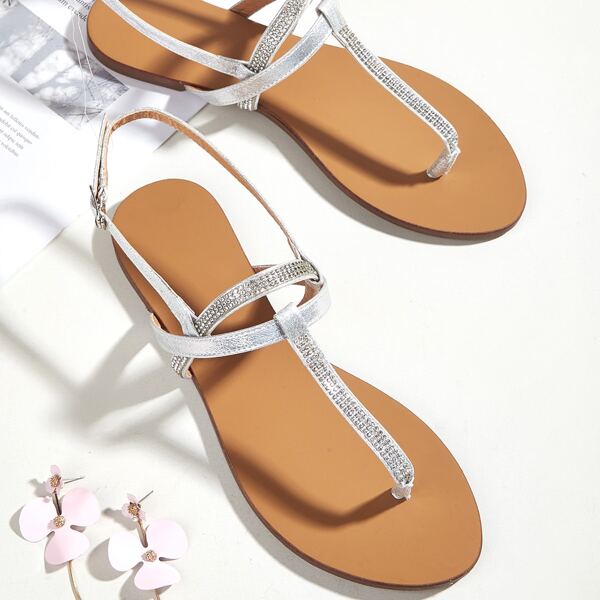 Rhinestone Decor Slingback Thong Sandals, Silver