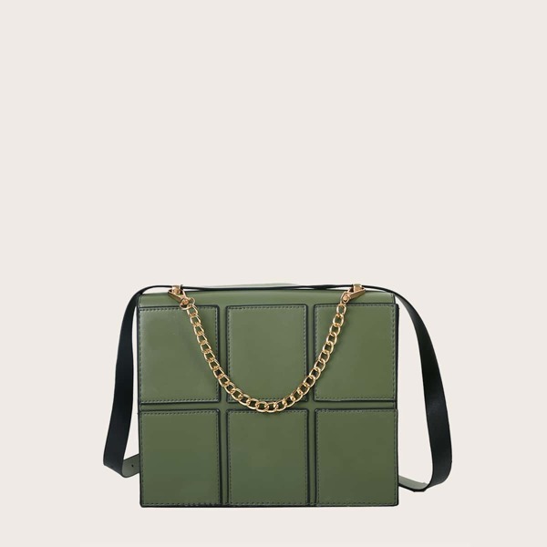 Plaid Chain Decor Shoulder Bag, Army green