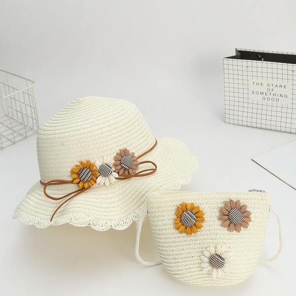 Girls Floral Decor Straw Bag With Straw Hat, White