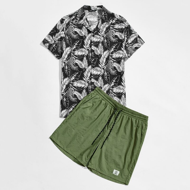 Guys Notch Collar Tropical Print Shirt & Drawstring Waist Patched Detail Shorts Set, Multicolor
Guys Notch Collar Tropical Print Shirt & Drawstring Waist Patched Detail Shorts Set, Multicolor