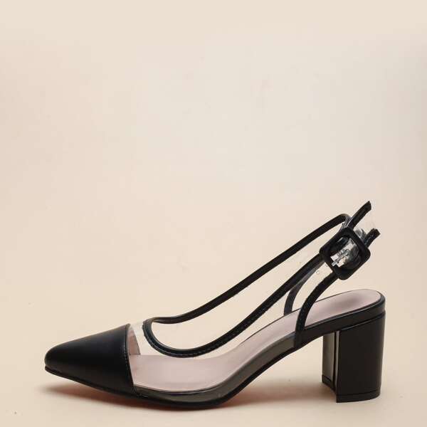 Clear Mid Heeled Court Pumps, Black