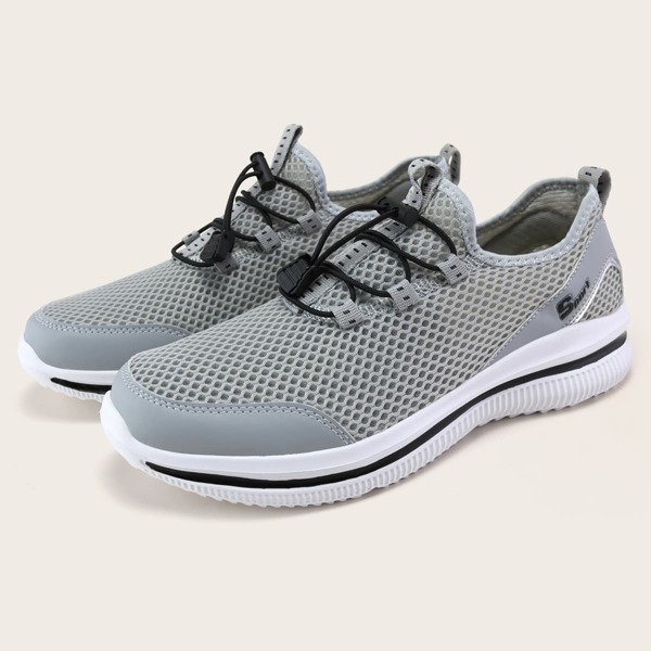 Mesh Panel Lace-Up Front Running Shoes, Light grey