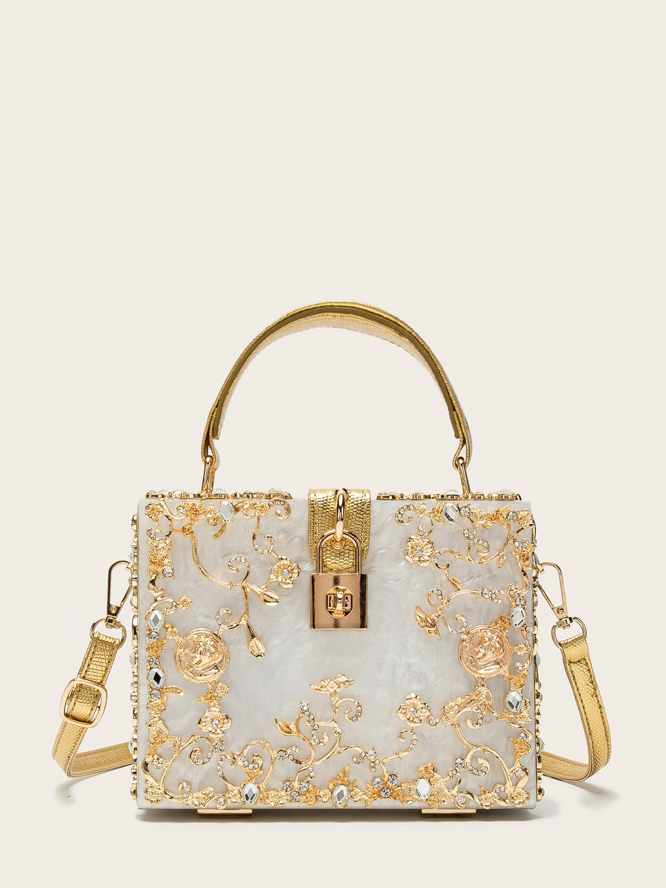 Rhinestone Decor Turnlock Box Bag