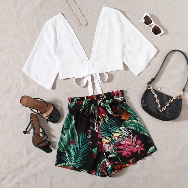 Tie Backless Crop Top & Tropical Print Paperbag Waist Belted Shorts Set, Multicolor
Tie Backless Crop Top & Tropical Print Paperbag Waist Belted Shorts Set, Multicolor