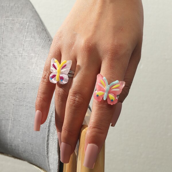 2pcs Butterfly Design Resin Ring, Multicolor