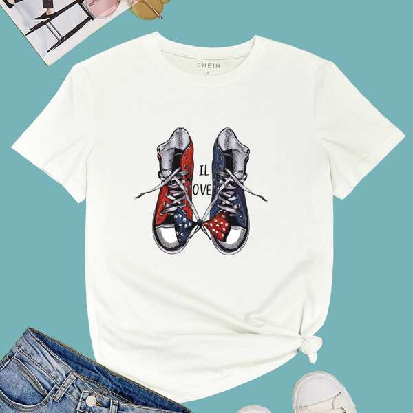 Letter & Shoes Print Tee, White