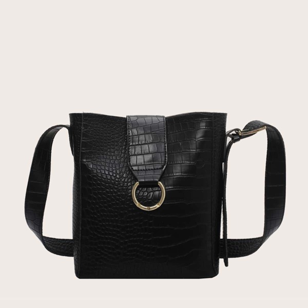 Croc Embossed Bucket Bag, Black