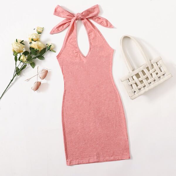Solid Tied Backless Dress, Coral pink