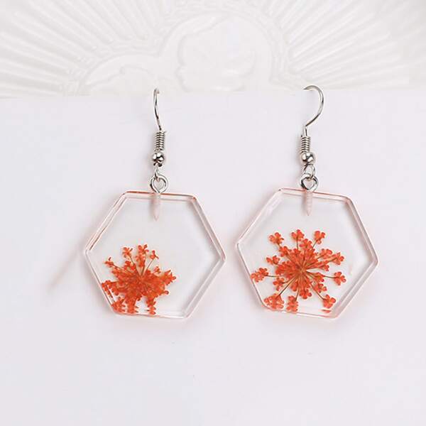 Flower Decor Geometric Drop Earrings, Orange