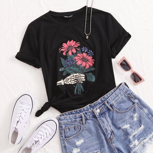 Floral & Skeleton Print Tee, Black