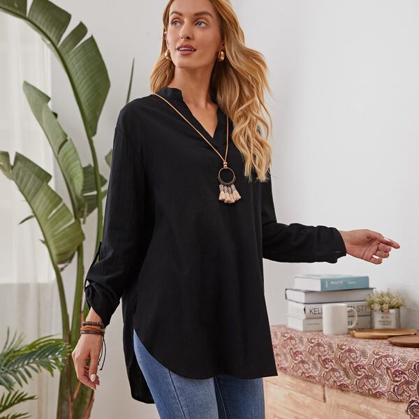 Notch Neck Rolled Tab Sleeve Top, Black