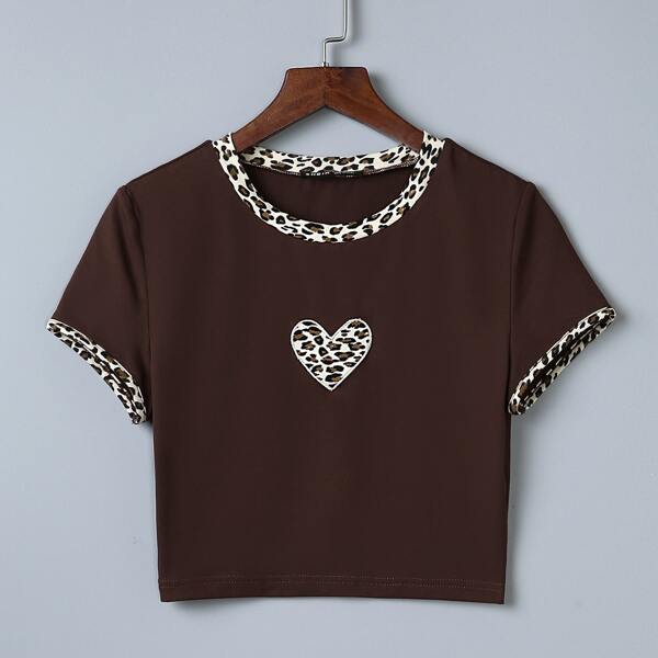 Heart & Leopard Print Tee, Chocolate brown