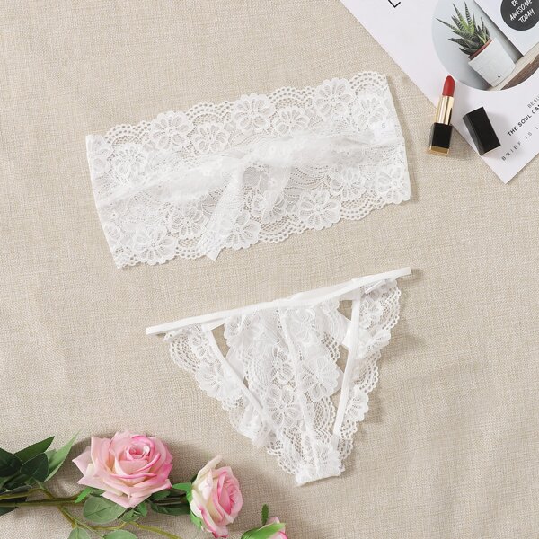 Floral Lace Bandeau Lingerie Set, White