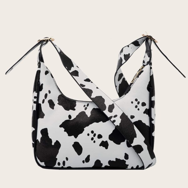 Cow Pattern Baguette Bag, Black and white