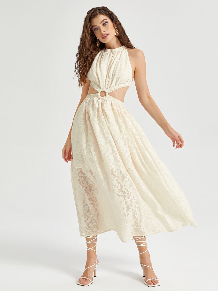 SHEIN Unity Crisscross Backless Jacquard Flower Applique Chiffon Dress