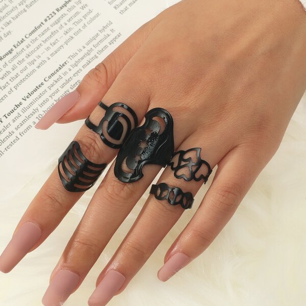5pcs Hollow Out Ring, Black