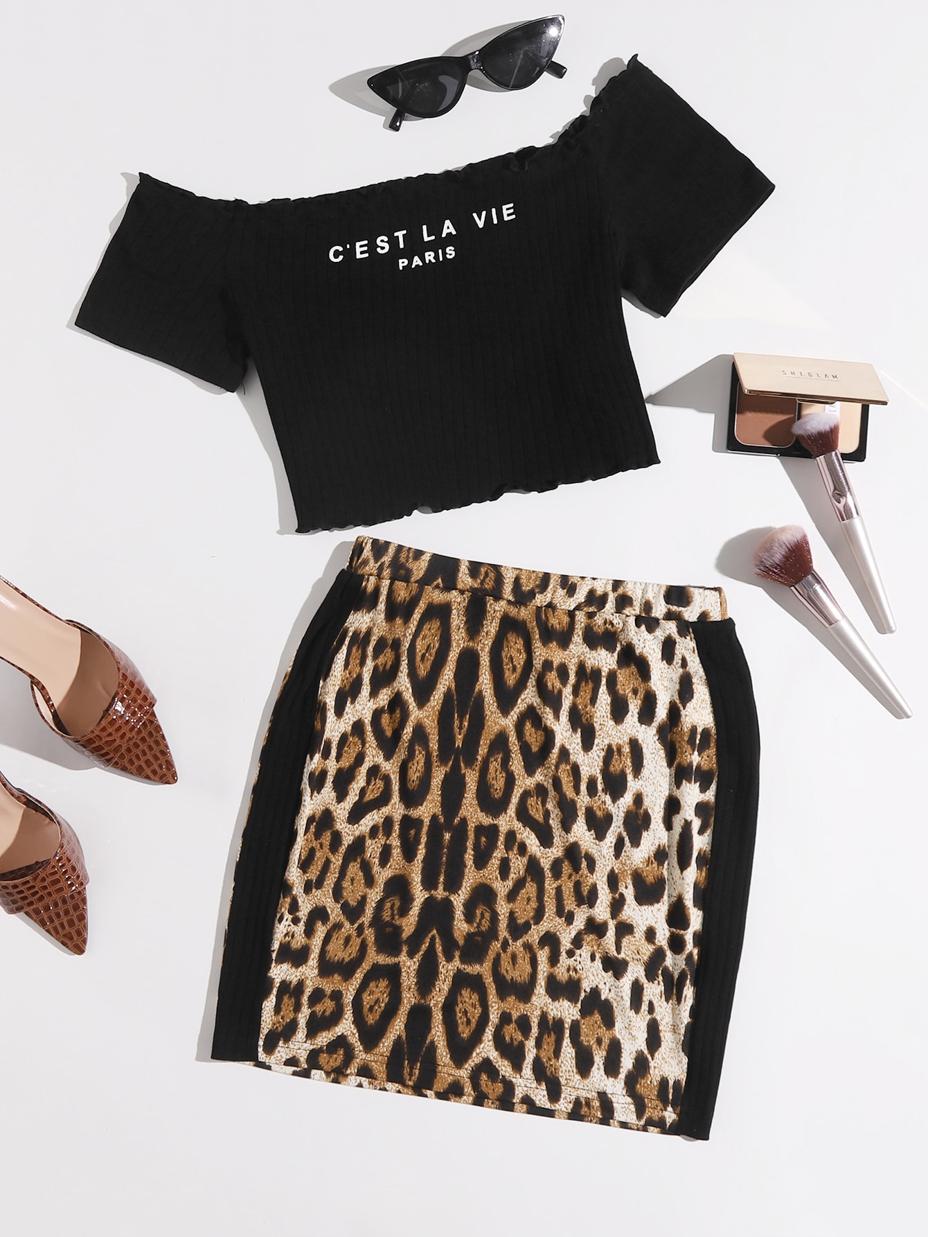 Conjunto top con estampado de letra ribete en forma de lechuga de