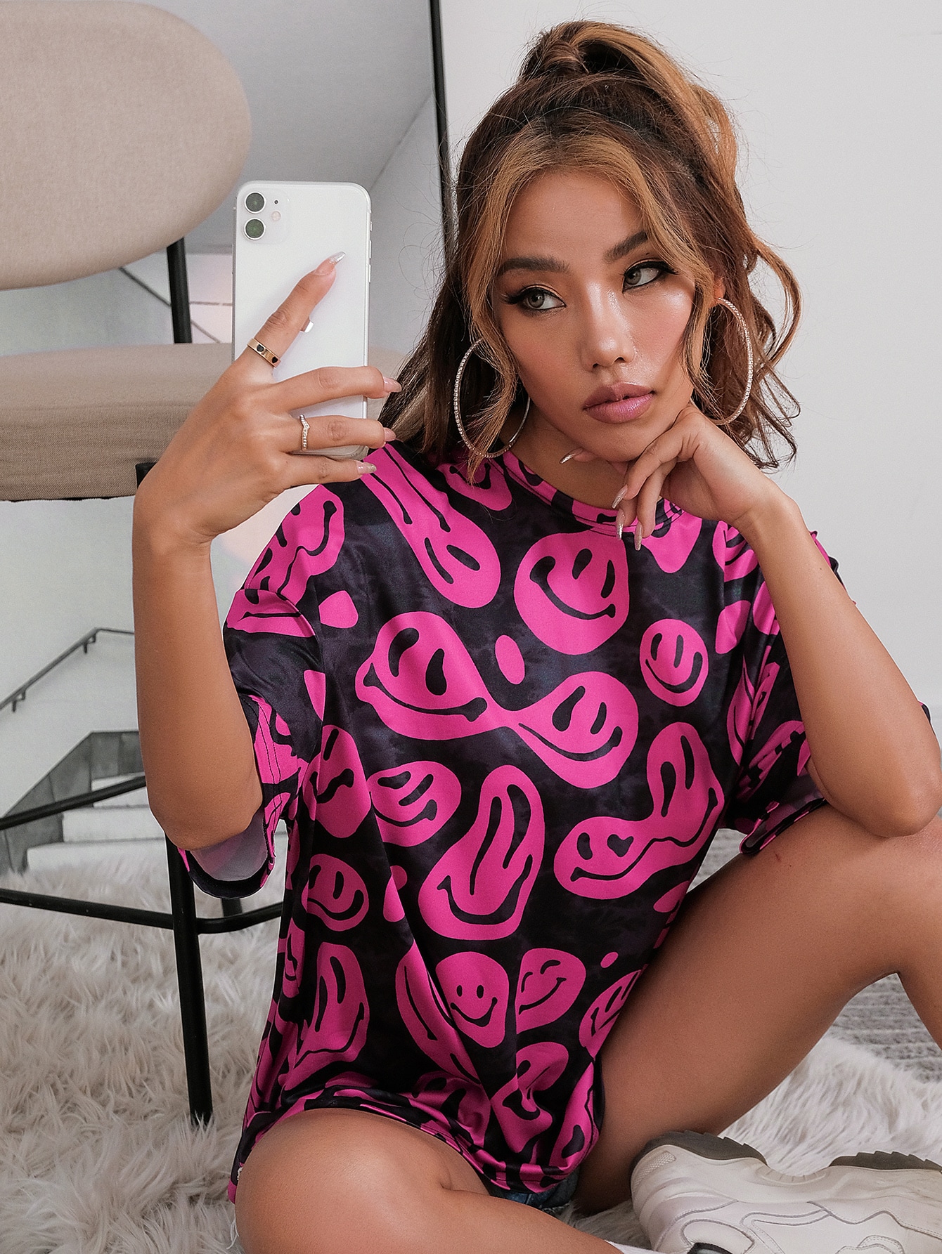 Smile print drop shoulder tee