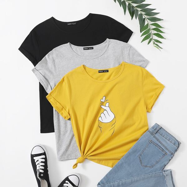 3pcs Figure And Heart Print Tee, Multicolor