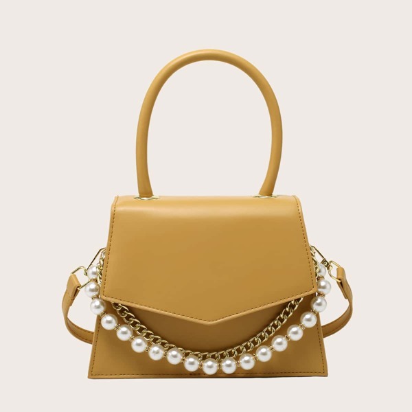 Chain&Pearl Decor Satchel Bag, Yellow