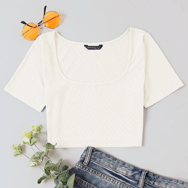 Scoop Neck Rib-knit Crop Tee, White