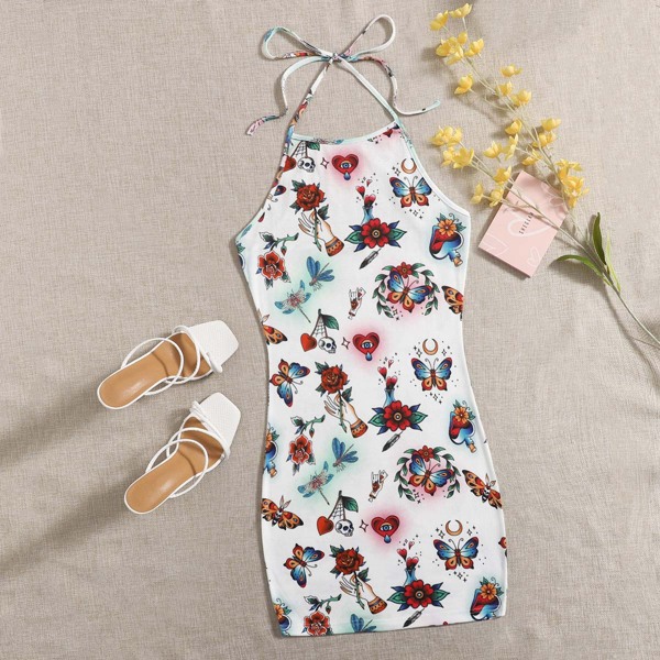 Figure & Butterfly Print Halter Dress, Multicolor
