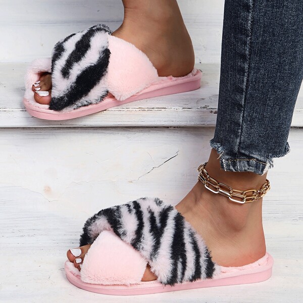 Zebra Striped Fluffy Slippers, Pink