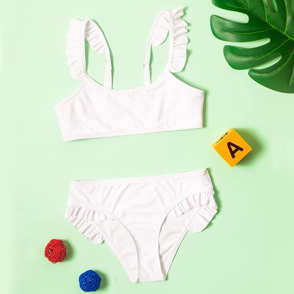Girls Ruffle Trim Bikini Swimsuit, White