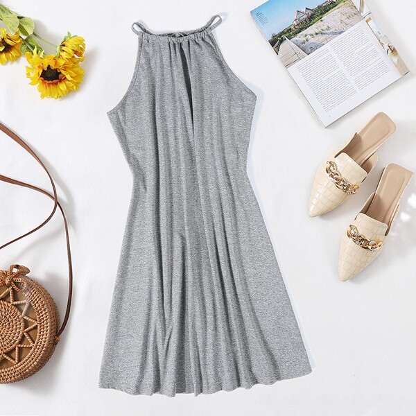Plus Tie Back Solid Halter Dress, Grey
