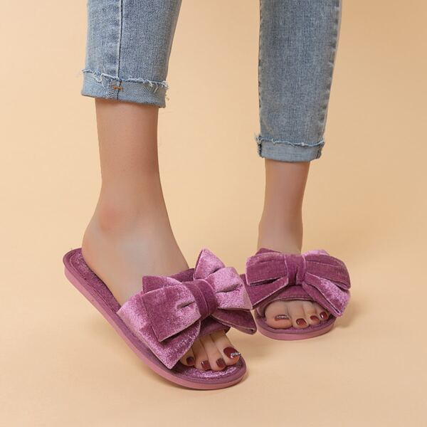 Bow Decor Velvet Slippers, Mauve purple