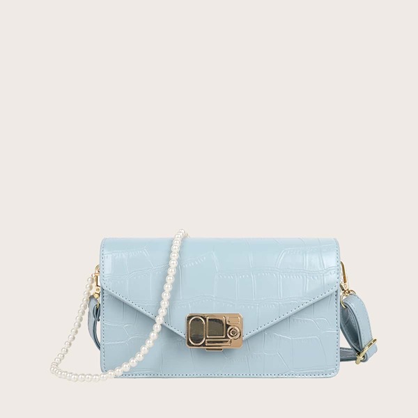Faux Pearl Decor Croc Embossed Crossbody Bag, Baby blue