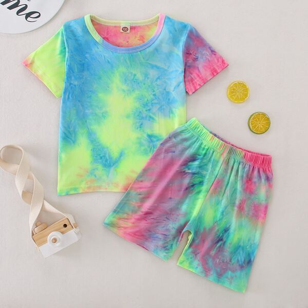 Шорты и футболка с принтом тай-дай для девочек, Многоцветный 
Шорты и футболка с принтом тай-дай для девочек, Многоцветный