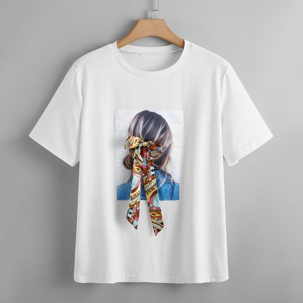 Plus Figure Graphic Patched Tie Front Tee, White