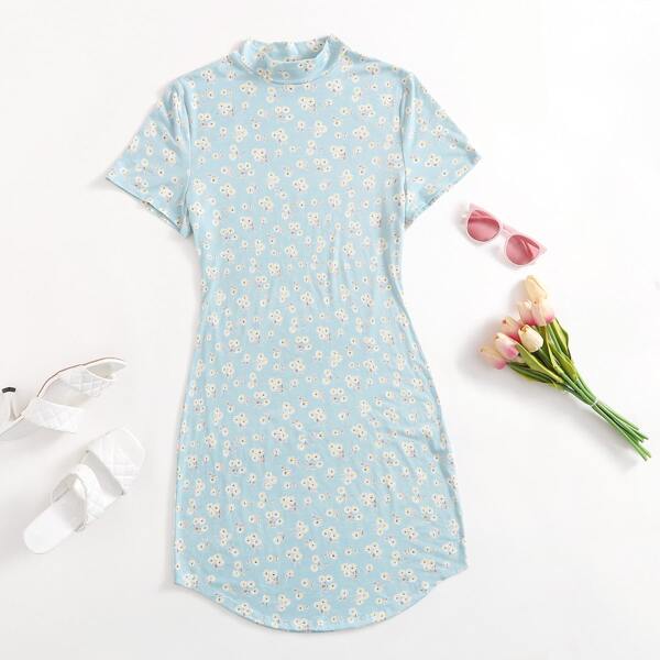 Plus Ditsy Floral Bodycon Dress, Baby blue