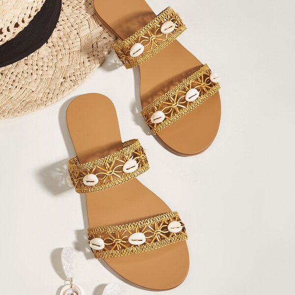 Shell Decor Slide Sandals, Camel