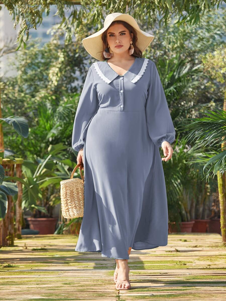 Plus Peter Pan Collar Lace Trim Dress