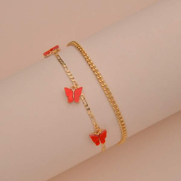 2pcs Butterfly Charm Anklet, Red