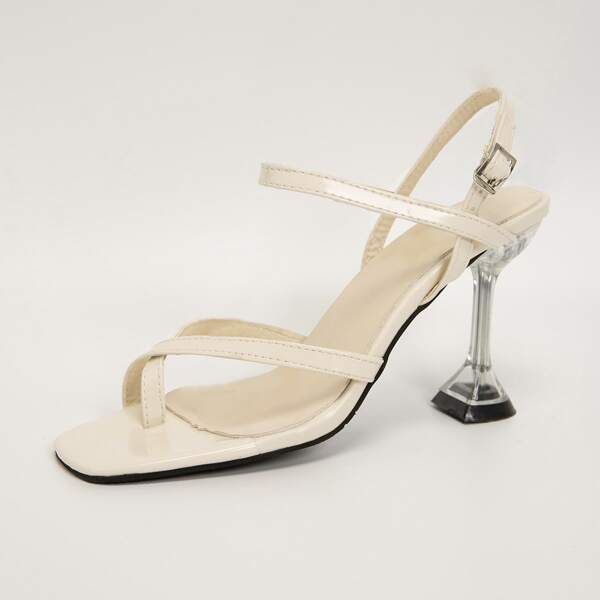Minimalist Pyramid Heeled Thong Sandals, Beige