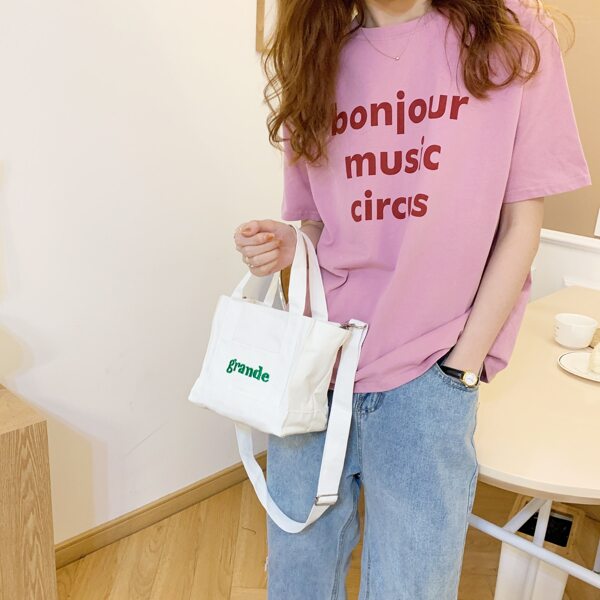 Letter Embroidery Canvas Satchel Bag, White