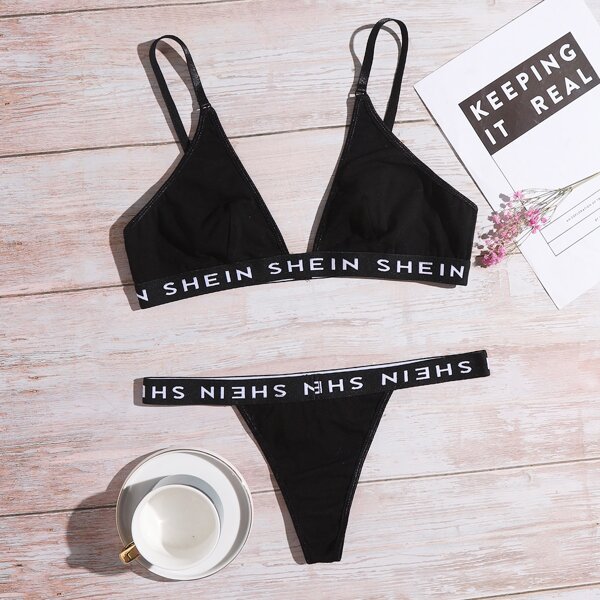 Letter Tape Lingerie Set, Black