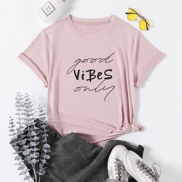 Plus Slogan Graphic Crew Neck Tee, Dusty pink
