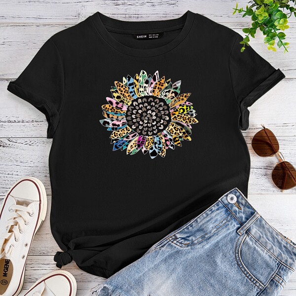 Leopard Sunflower Print Tee, Black