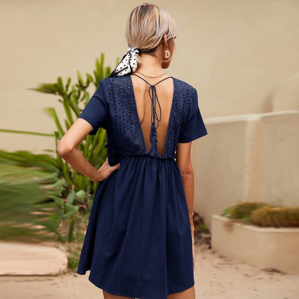 Tassel Tie Back Backless Schiffy Panel Dress, Navy blue