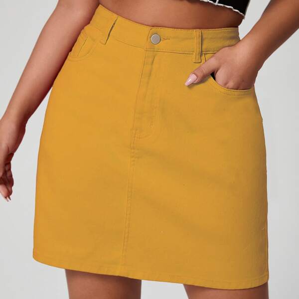 Plus High Waist Straight Denim Skirt, Mustard yellow
