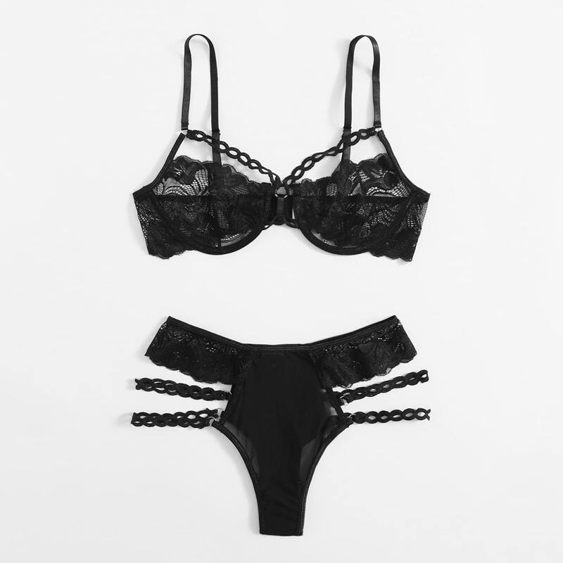 Floral Lace Cut Out Lingerie Set, Black 
Floral Lace Cut Out Lingerie Set, Black