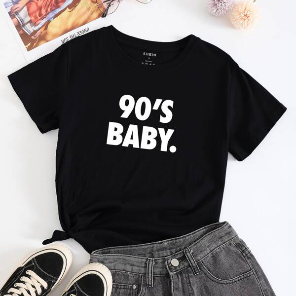 Slogan Graphic Round Neck Tee, Black